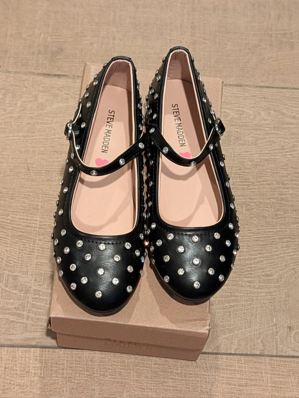 Steve Madden Black Studded Mary Jane Flats with Silver Accents Girls Size 2